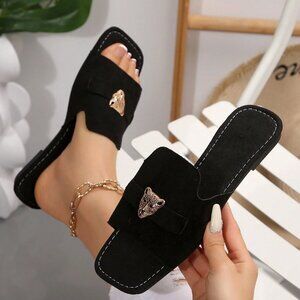 Black Elegant Women's Square Toe Leopard Head Flat Slip-On Sandals